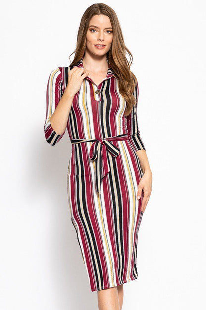 Striped Midi Dress With 3/4 Sleeves