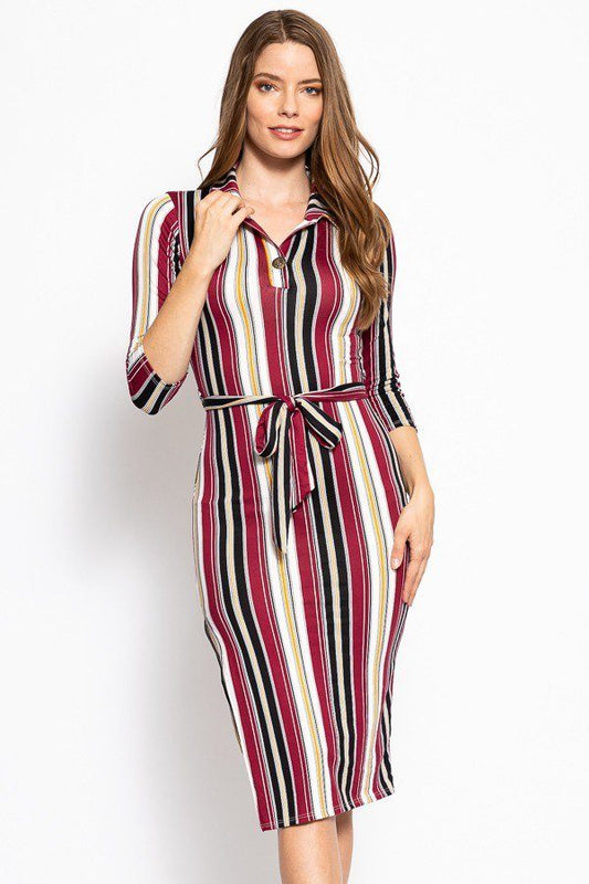 Striped Midi Dress With 3/4 Sleeves