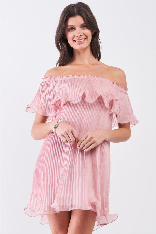 Pleated Off Shoulder Mini Dress