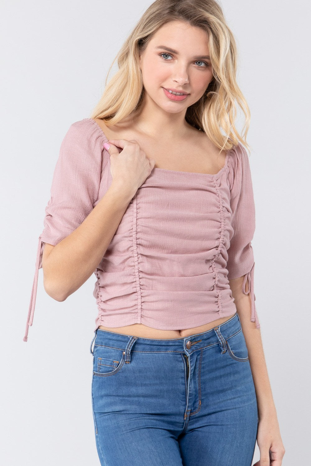 Elbow Ruched Woven Top