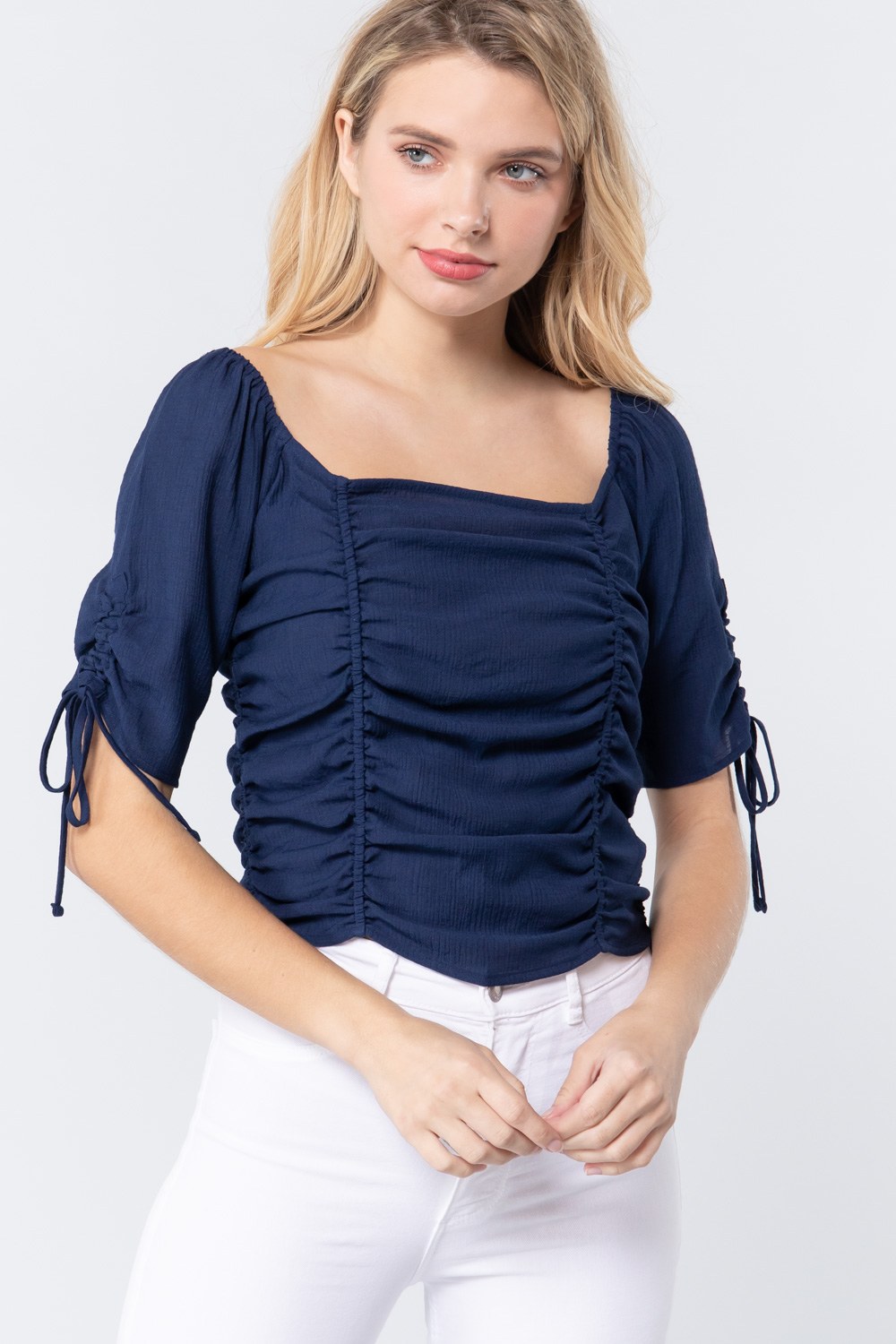 Elbow Ruched Woven Top