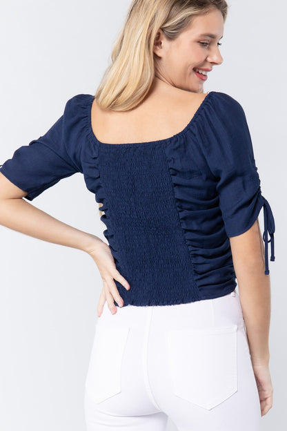 Elbow Ruched Woven Top