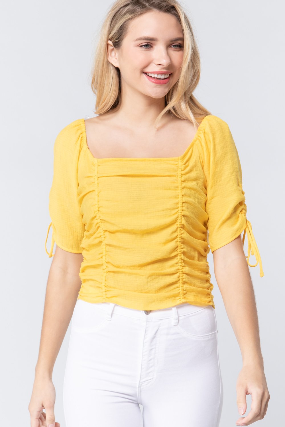 Elbow Ruched Woven Top