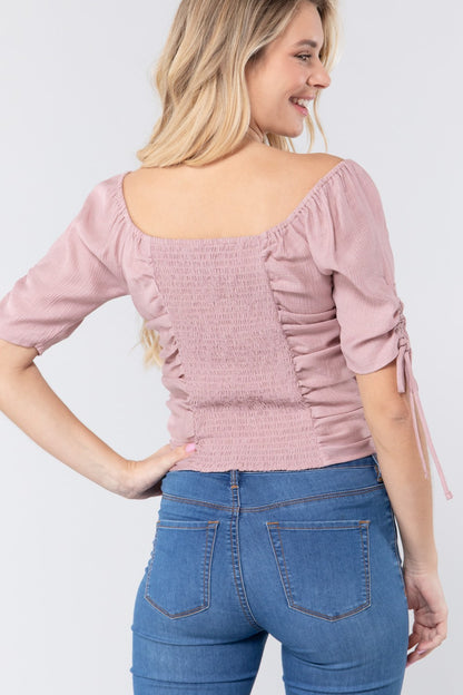 Elbow Ruched Woven Top