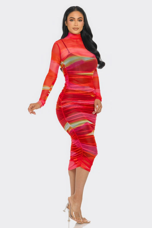 Glitch Print Mesh Midi Dress