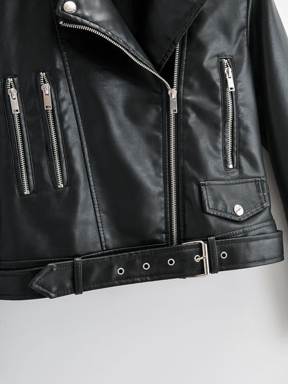 Black Faux Leather Jackets Zipper Basic Coat Motor Biker Jacket With