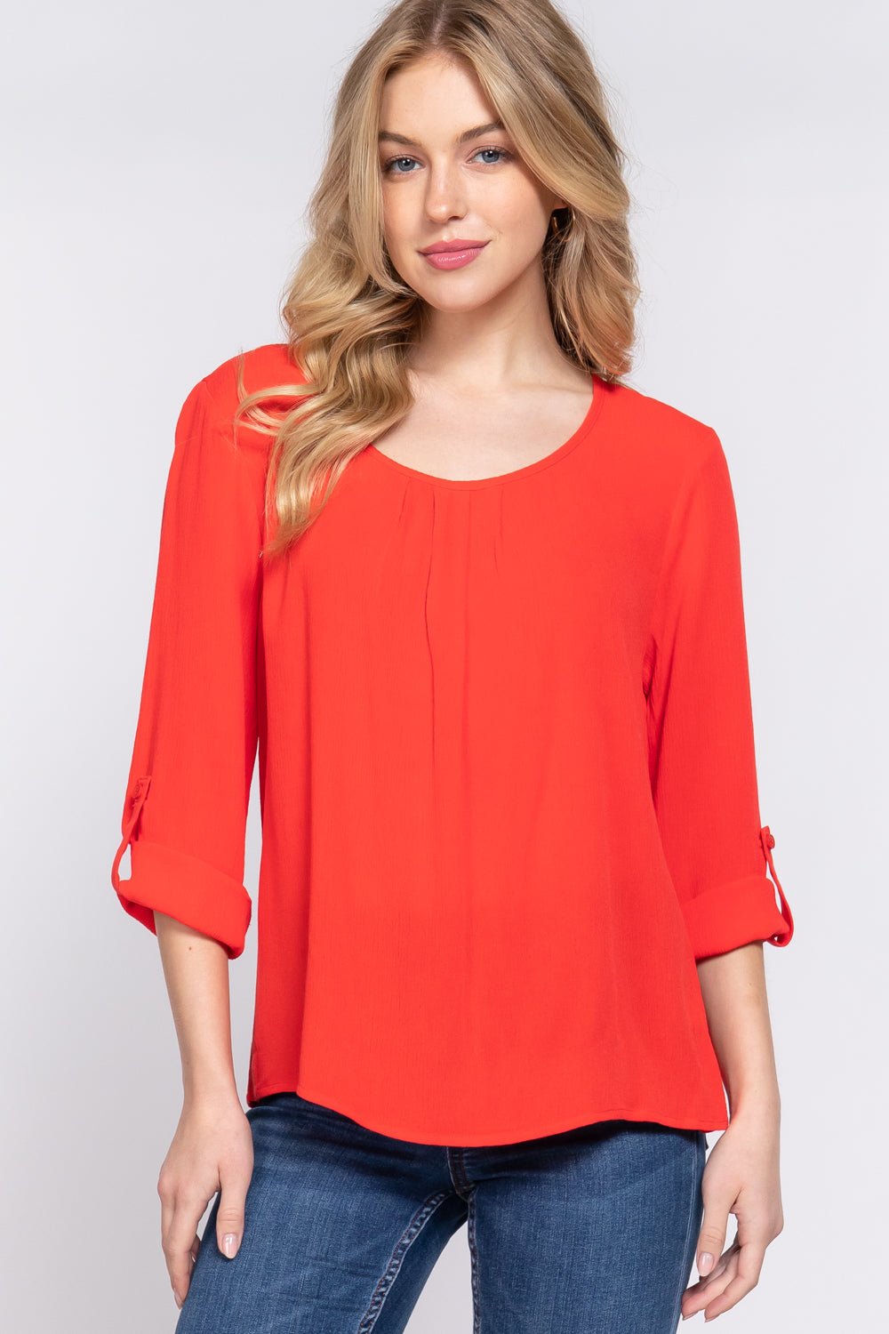 3/4 Roll Up Slv Pleated Blouse - Cherry Angel