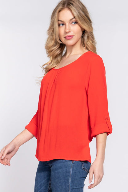 3/4 Roll Up Slv Pleated Blouse - Cherry Angel