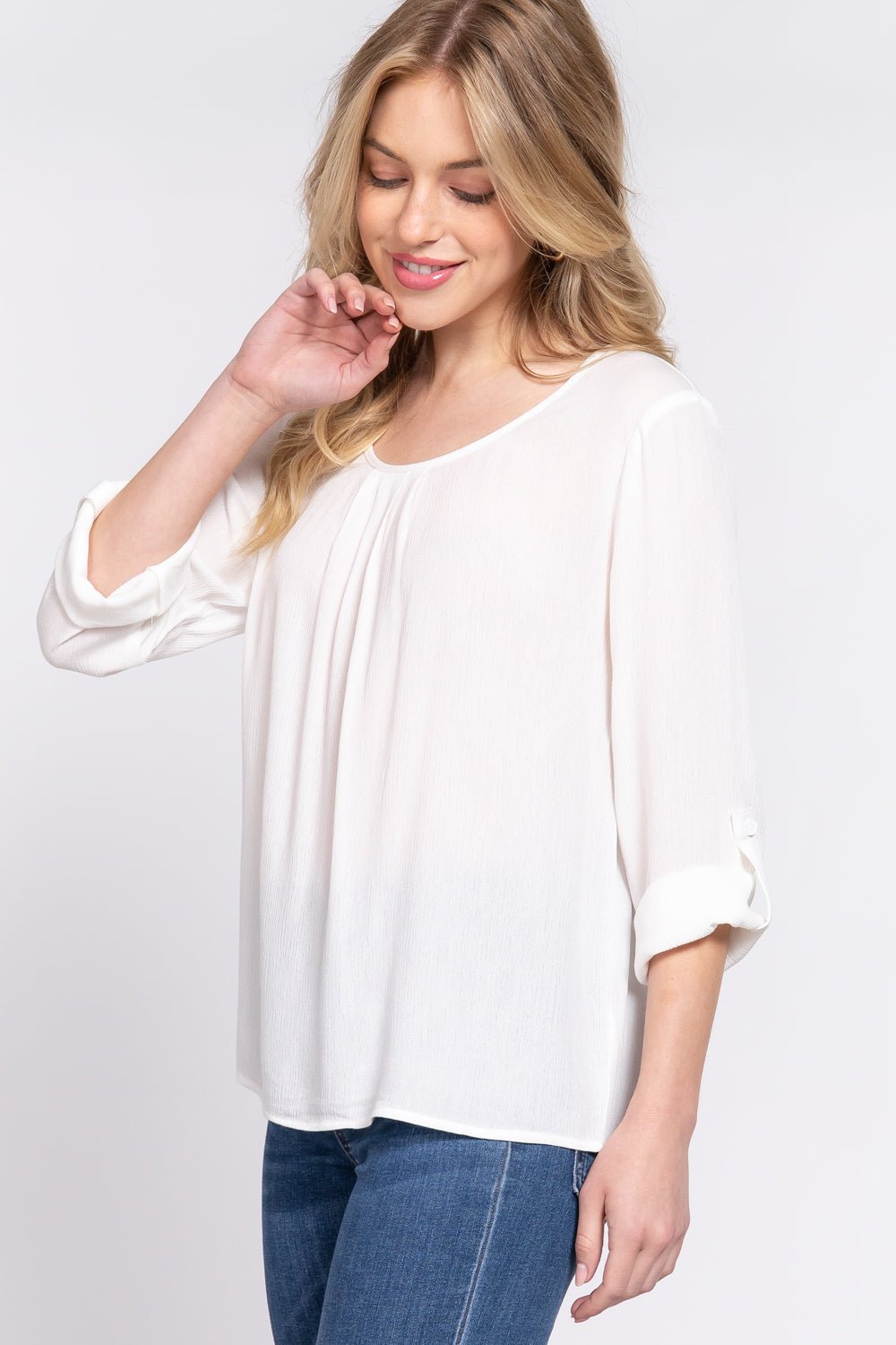 3/4 Roll Up Slv Pleated Blouse - Cherry Angel