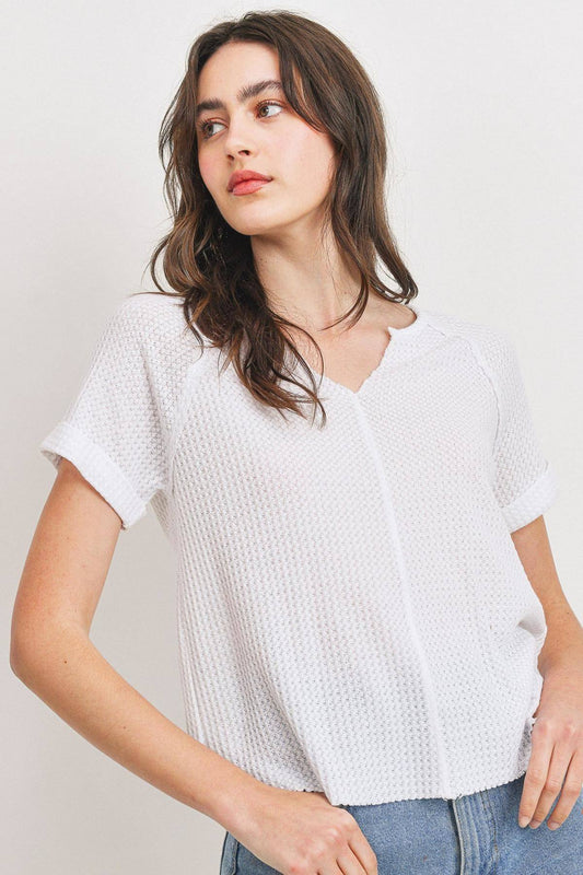 Waffle Raw Edge V-Neck Top