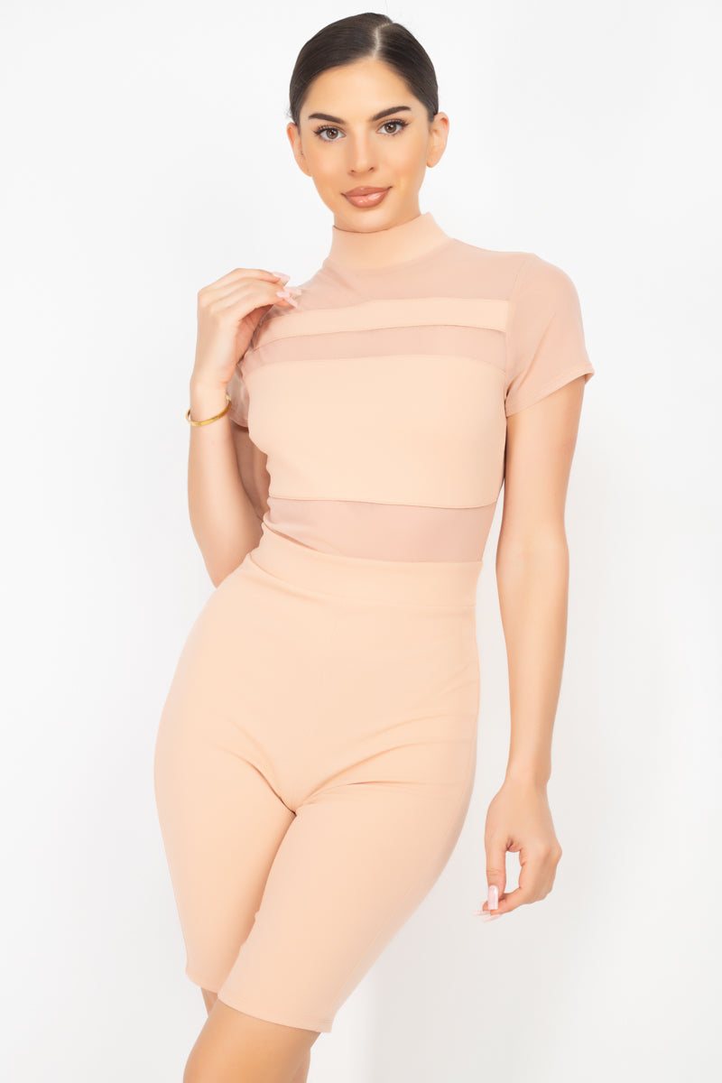 Mesh Mock Neck Biker Romper