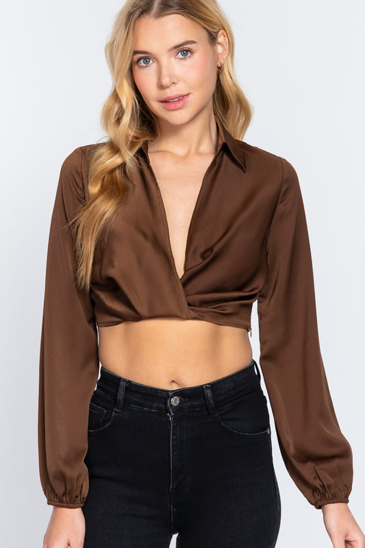 Long Slv Notched Collar Crop Top