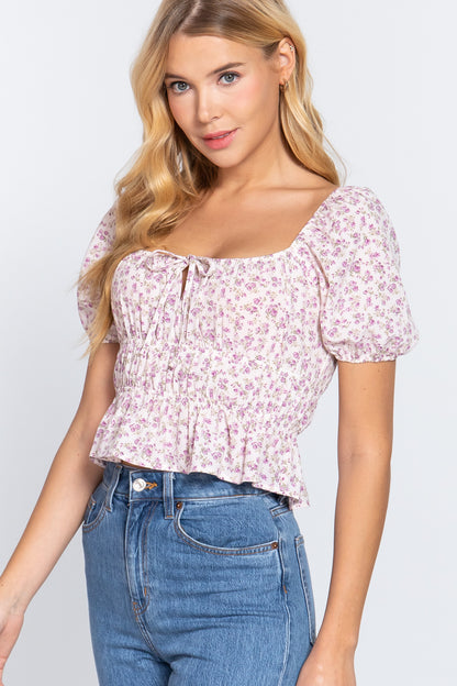 Floral Shirring Woven Top