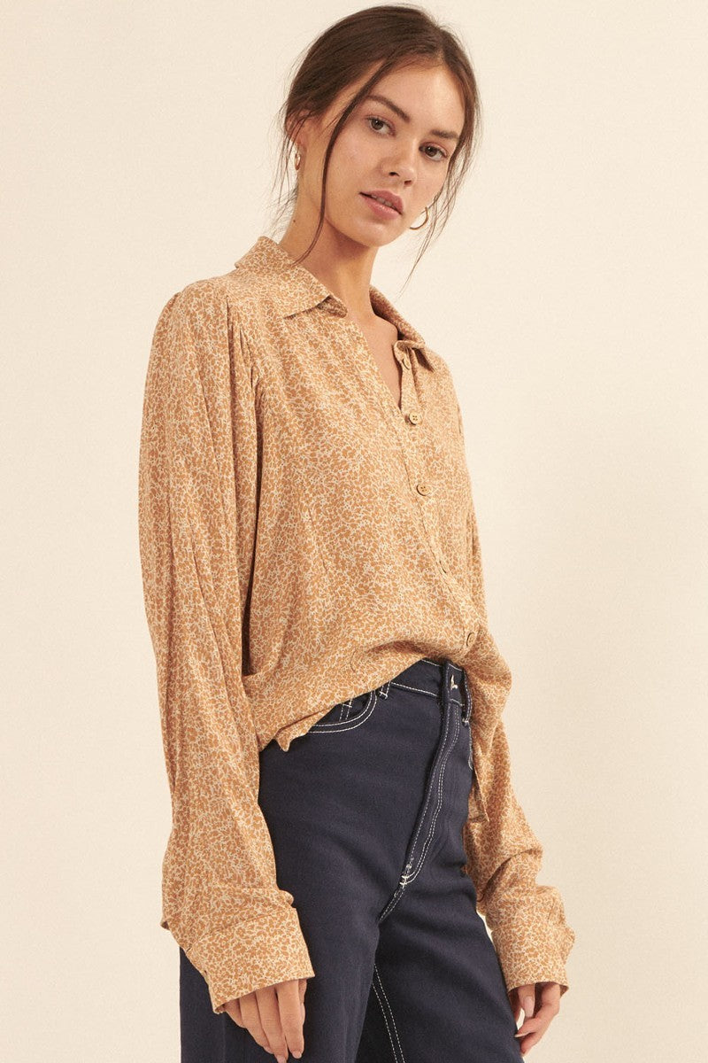 Collared Neckline Floral Print Shirt