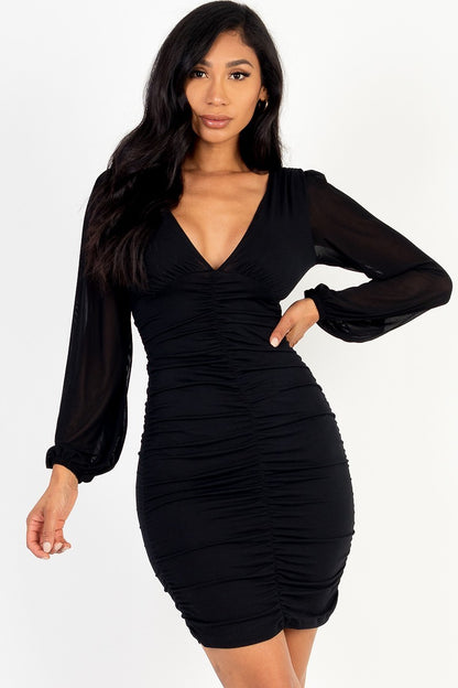 Ruched Mesh Mini Dress