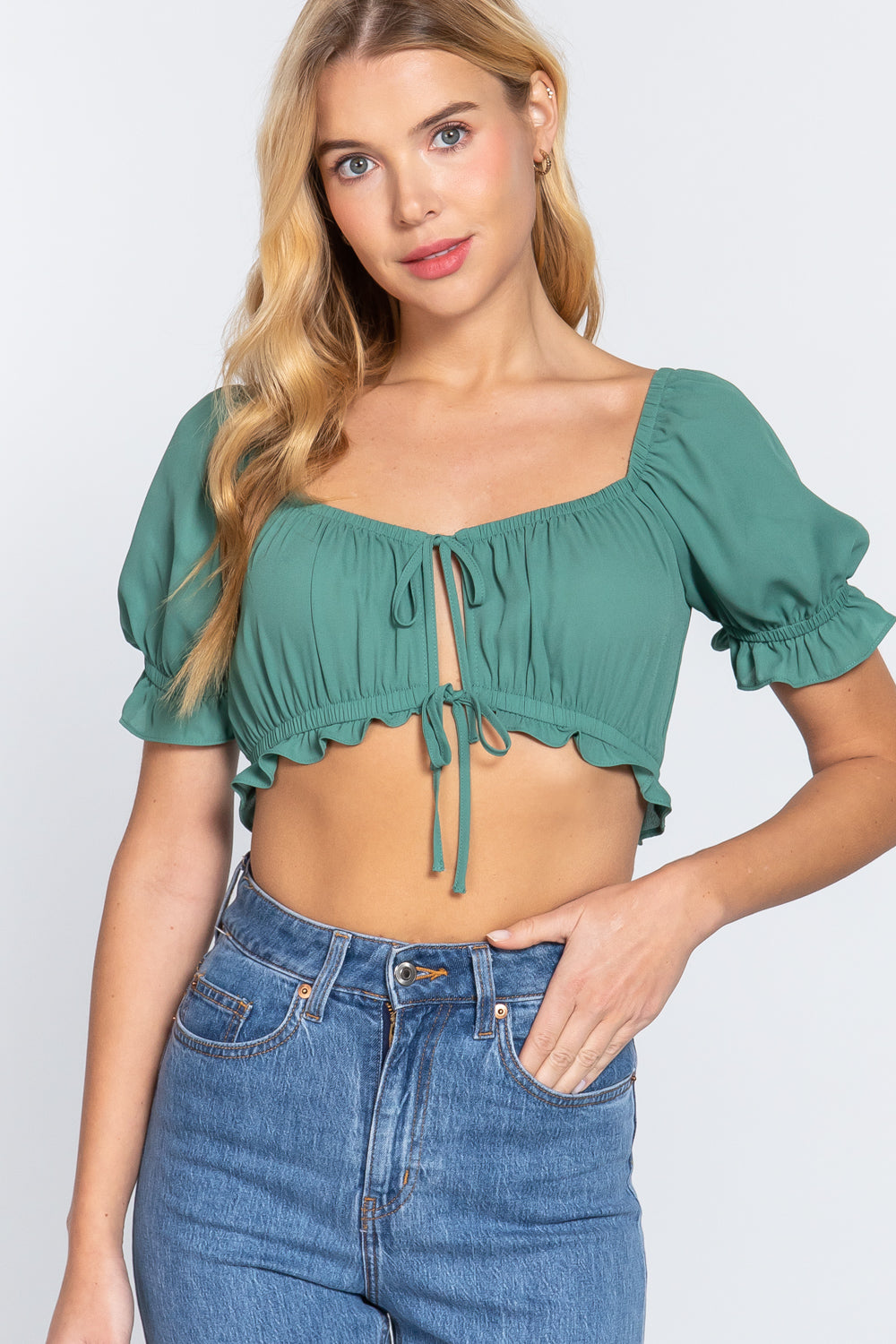 Short Slv Woven Crop Top