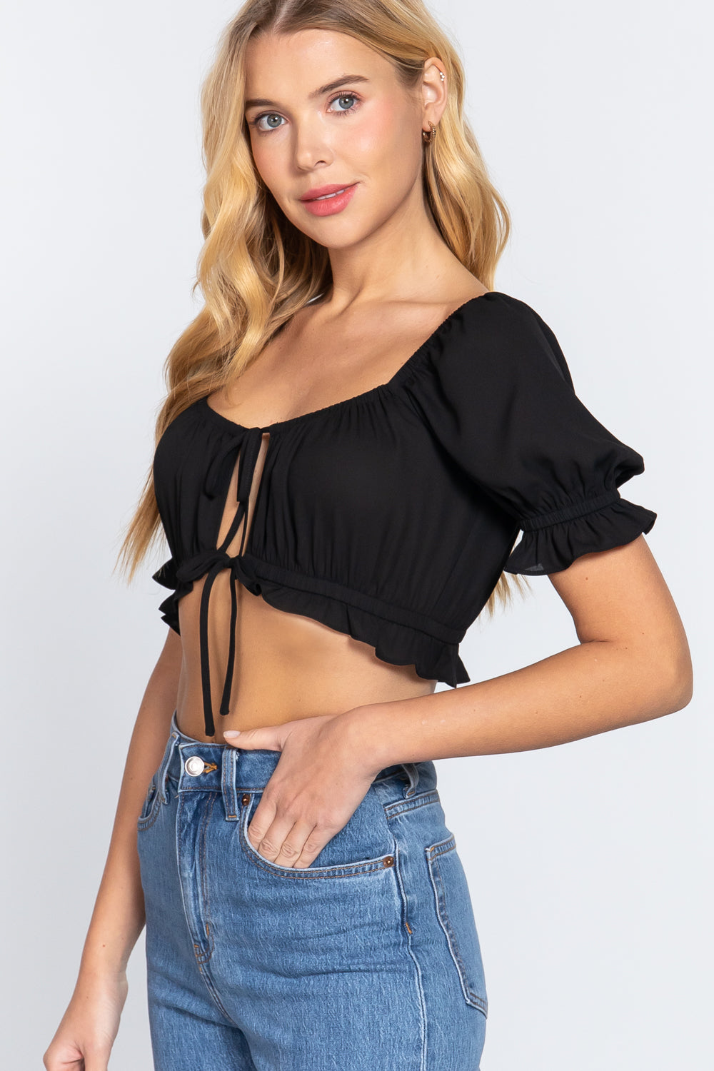 Short Slv Woven Crop Top