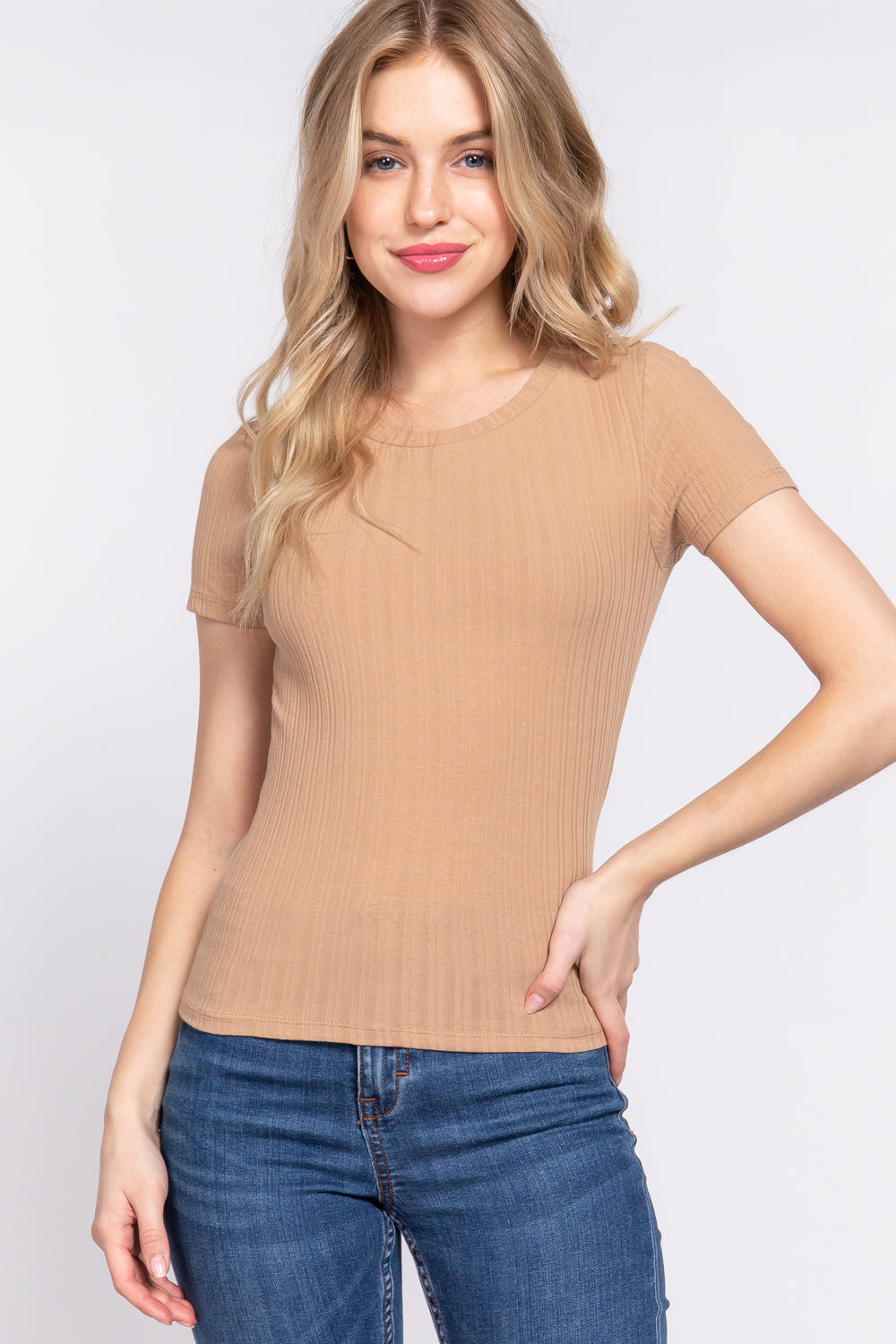 Crew Neck Rib Knit T-Shirt