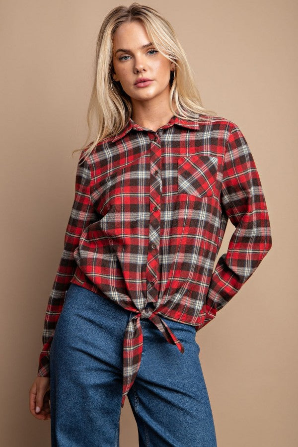 Cotton Tie Button Down Plaid Shirt