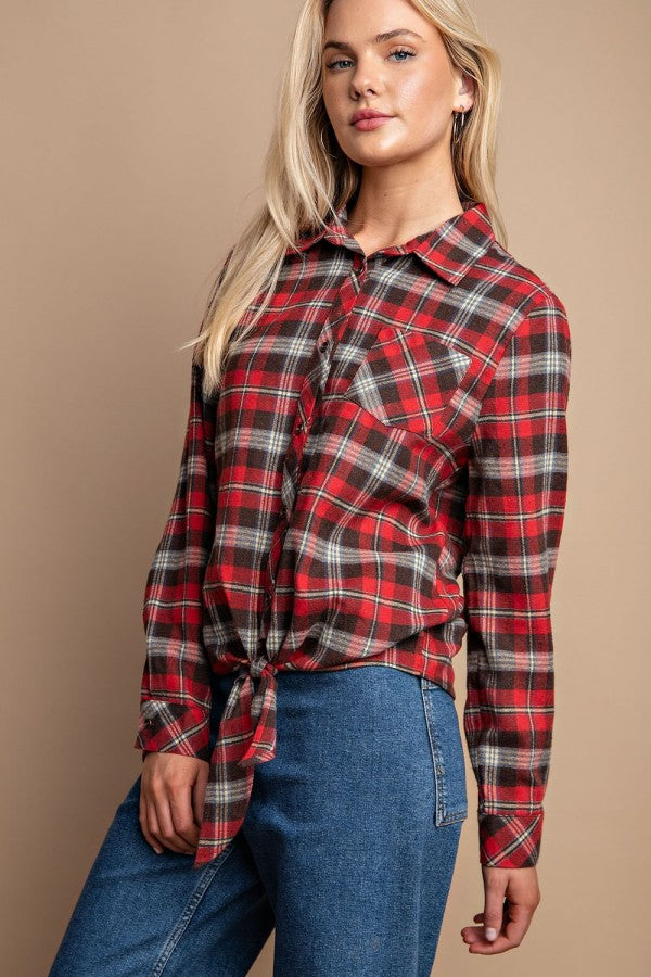 Cotton Tie Button Down Plaid Shirt