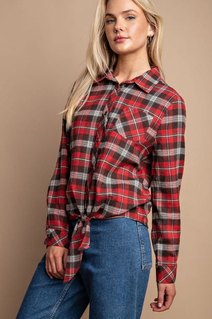 Cotton Tie Button Down Plaid Shirt