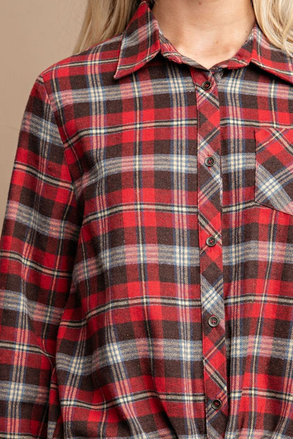 Cotton Tie Button Down Plaid Shirt