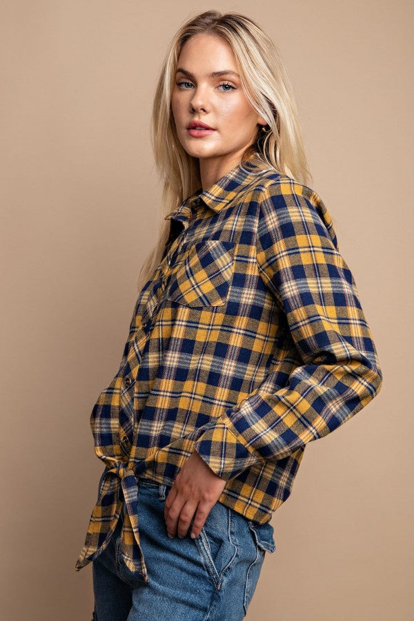 Cotton Tie Button Down Plaid Shirt