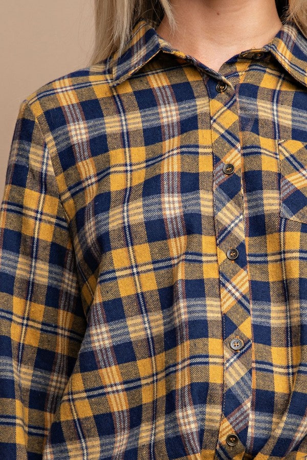 Cotton Tie Button Down Plaid Shirt