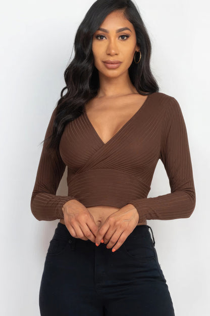 Ribbed Front Wrap Long Slv Top