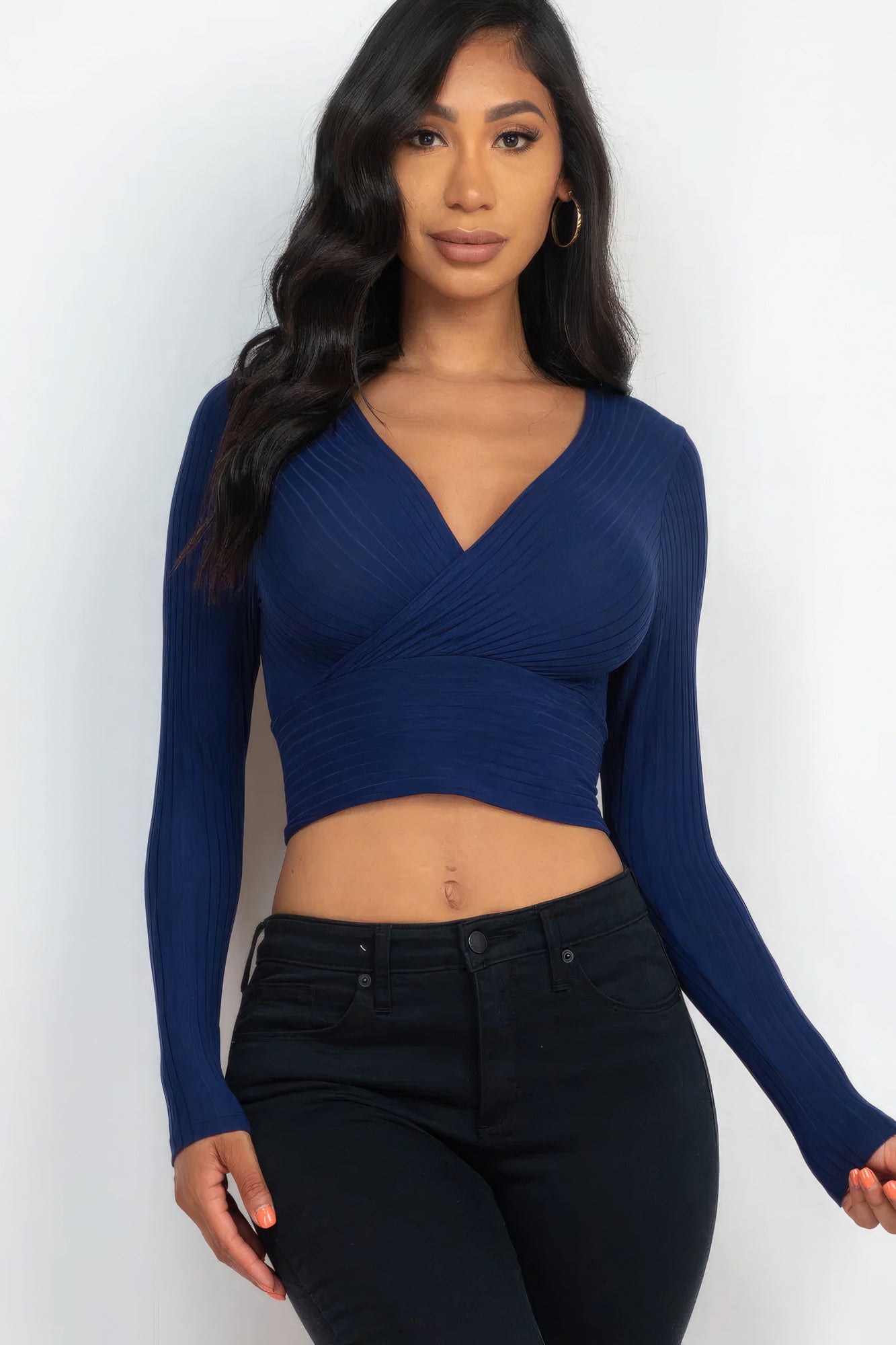 Ribbed Front Wrap Long Slv Top