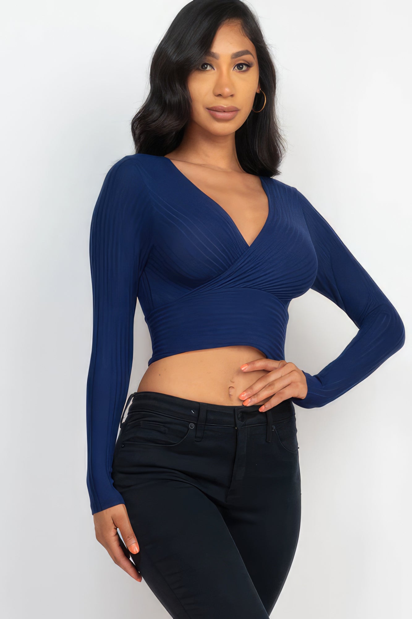 Ribbed Front Wrap Long Slv Top