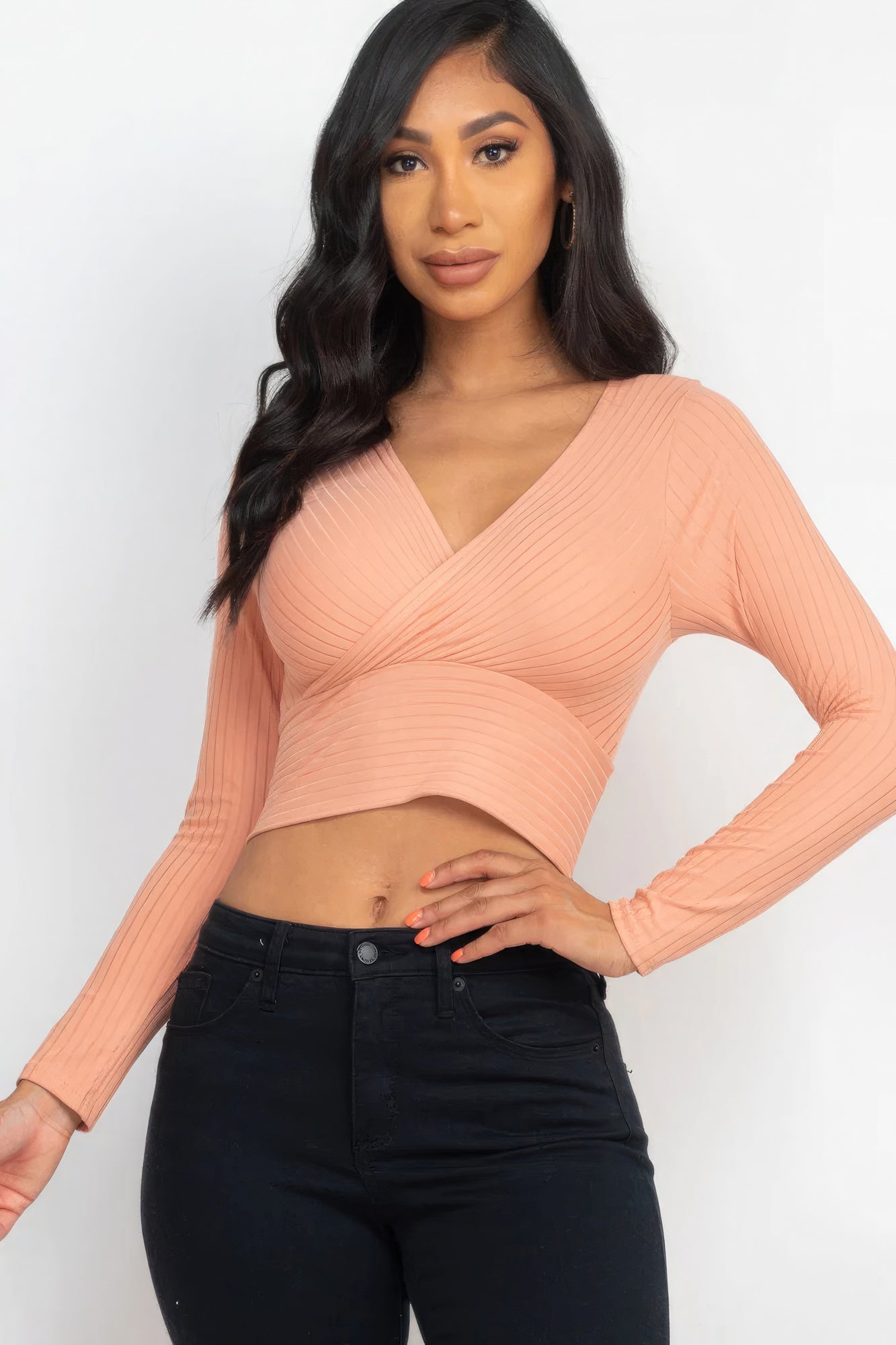 Ribbed Front Wrap Long Slv Top