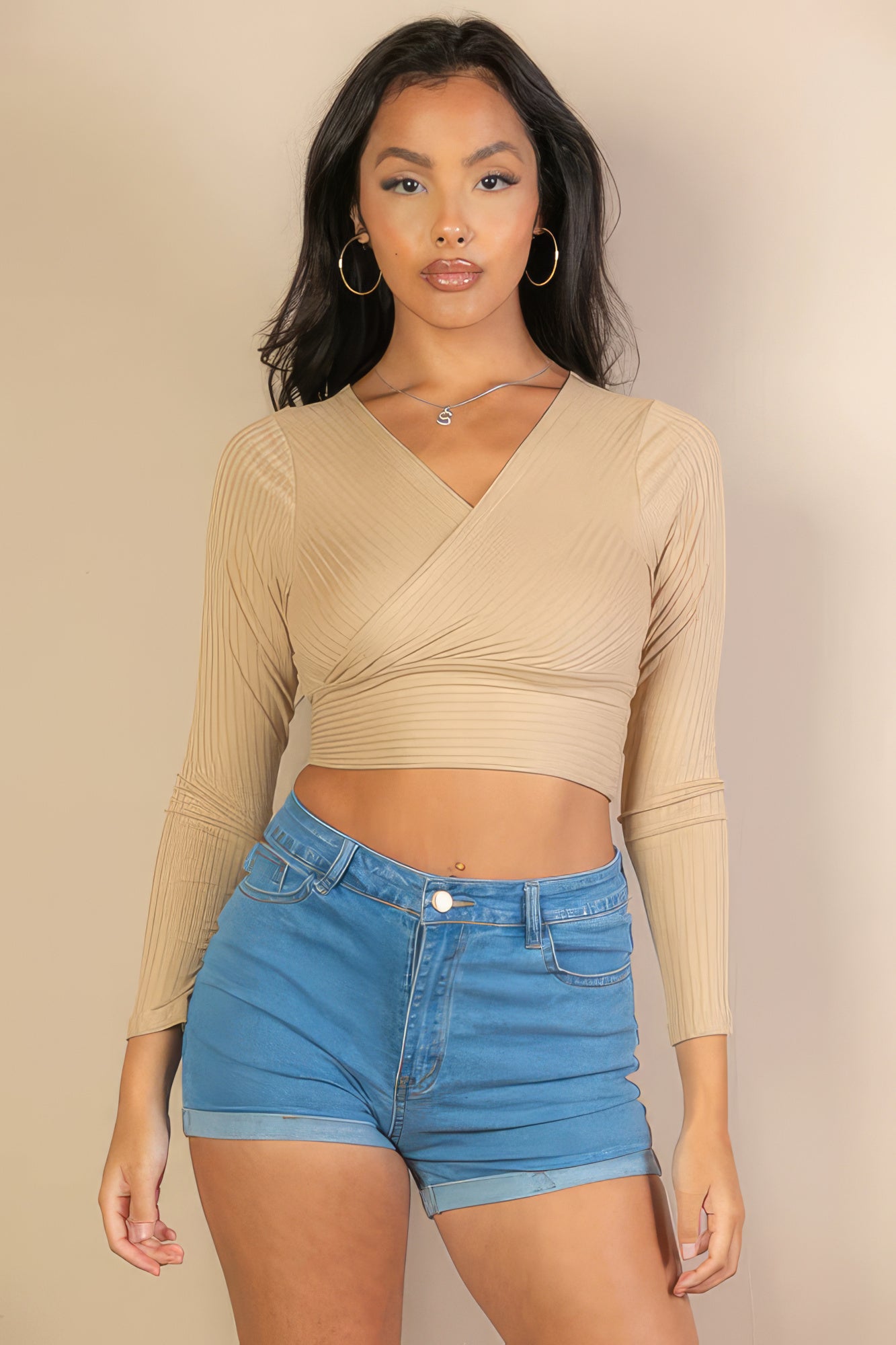 Ribbed Front Wrap Long Slv Top