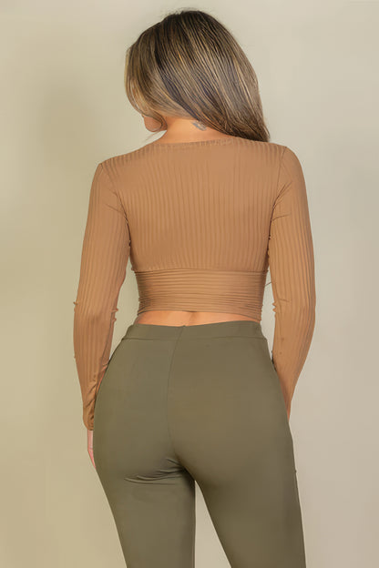 Ribbed Front Wrap Long Slv Top