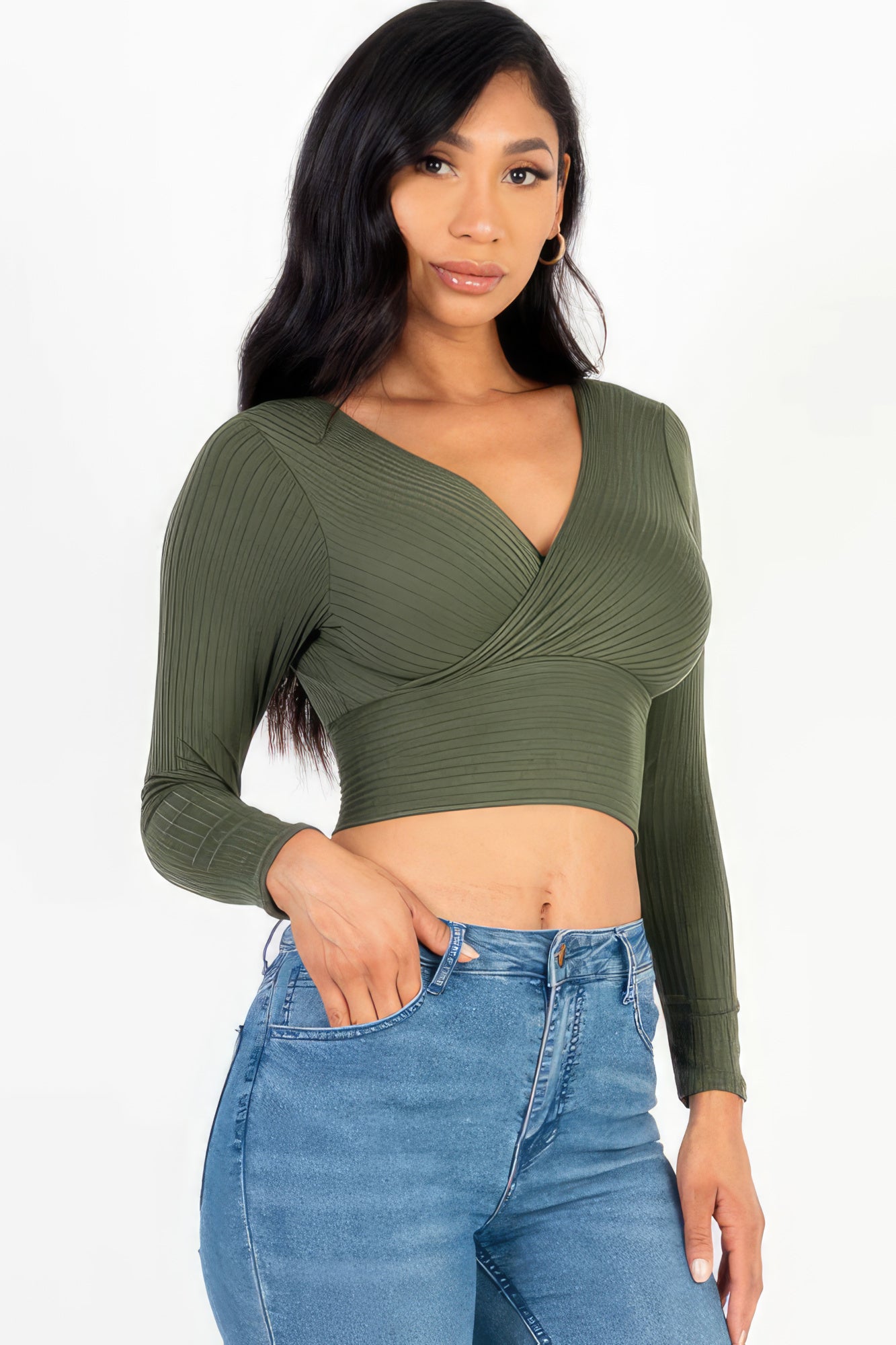 Ribbed Front Wrap Long Slv Top