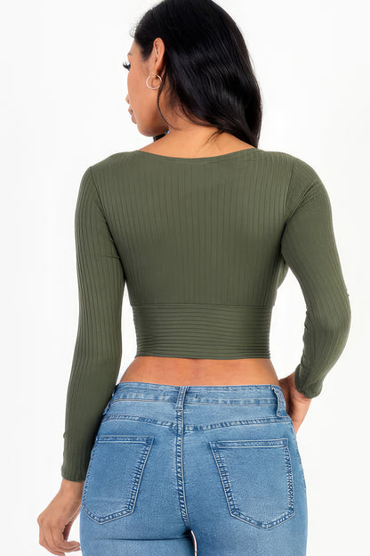 Ribbed Front Wrap Long Slv Top