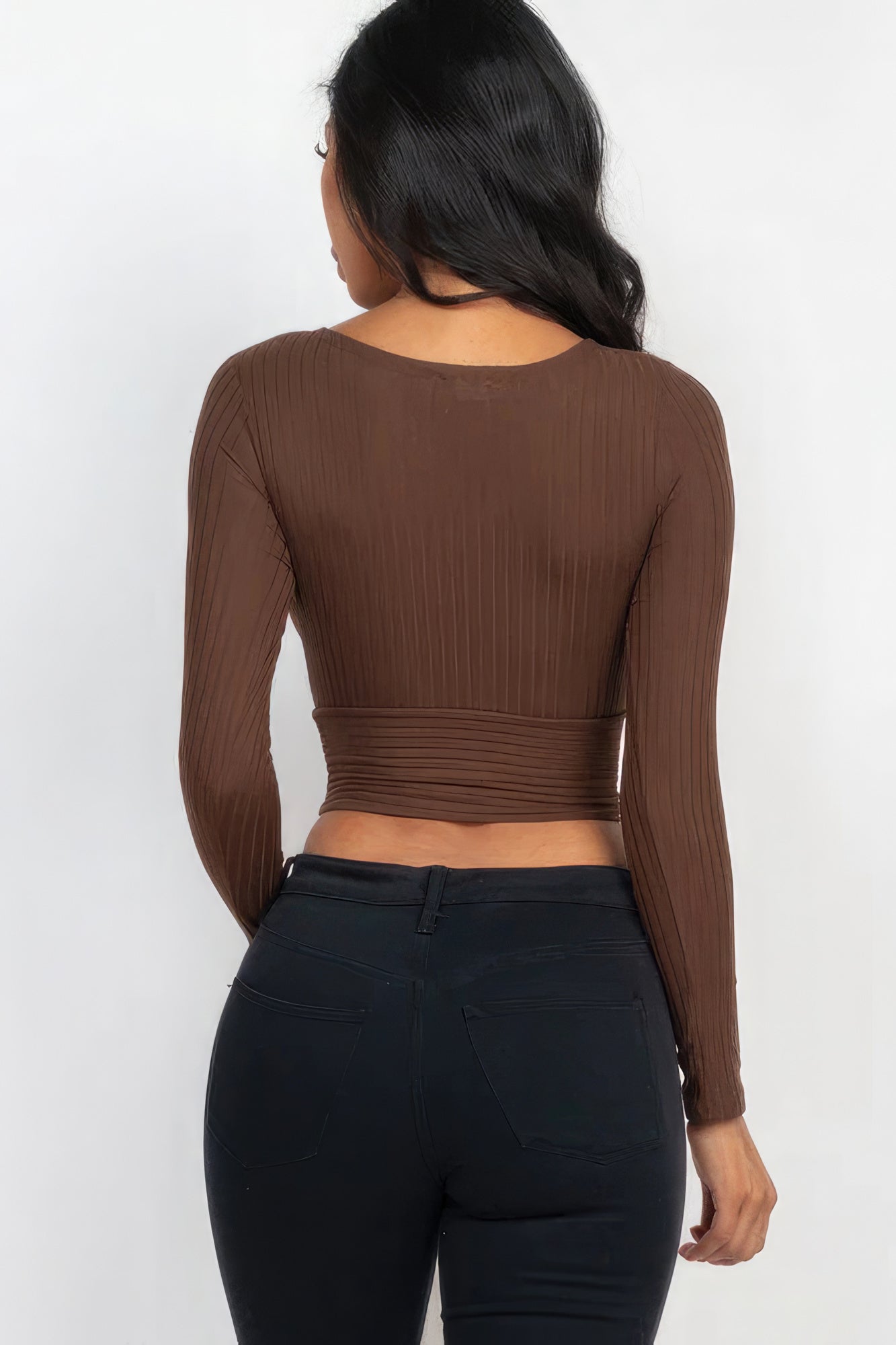 Ribbed Front Wrap Long Slv Top