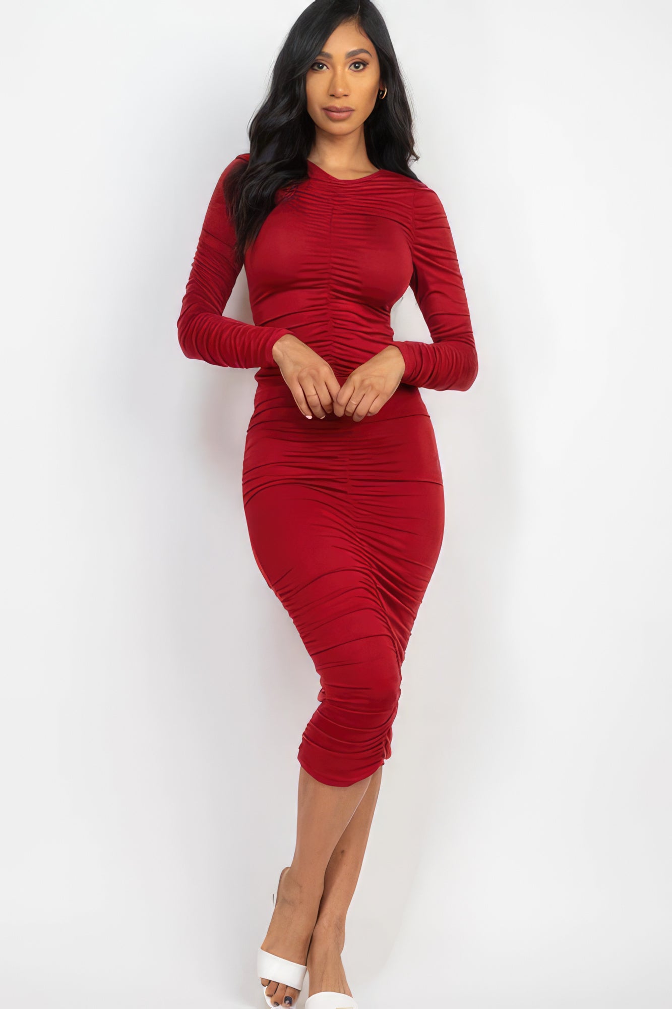 Ruched Long Slv Midi Dress