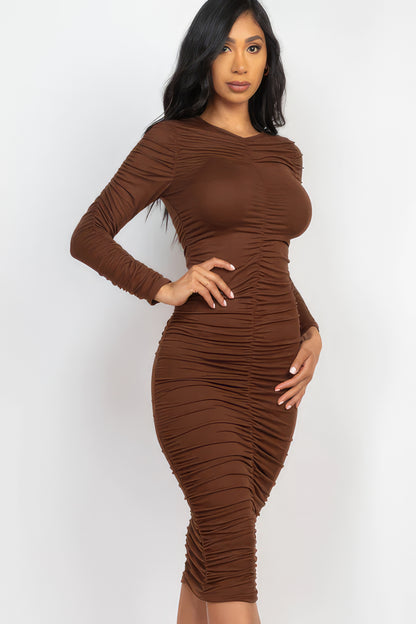 Ruched Long Slv Midi Dress