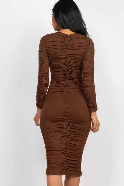 Ruched Long Slv Midi Dress