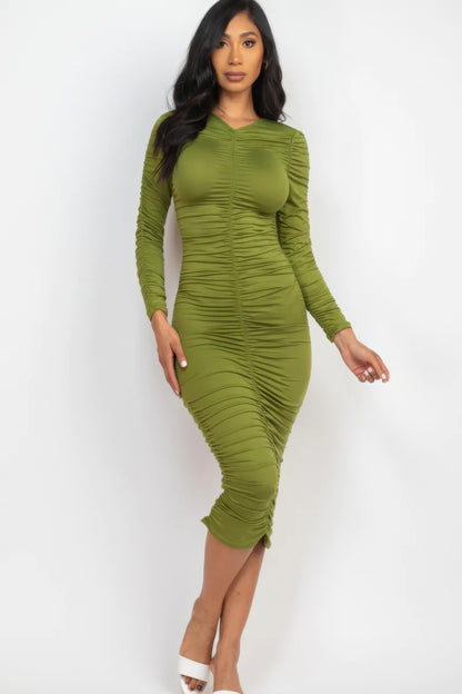 Ruched Long Slv Midi Dress