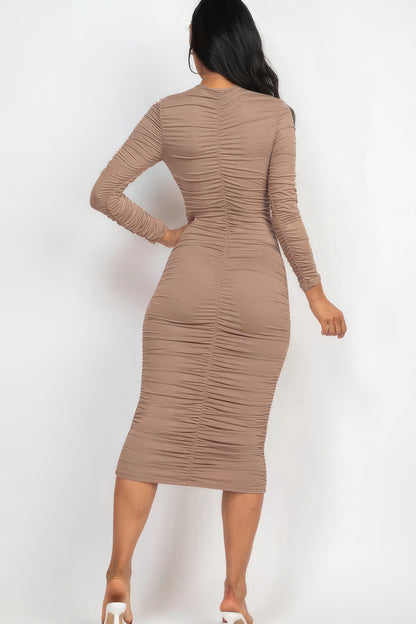 Ruched Long Slv Midi Dress