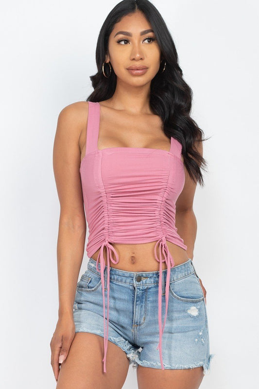 Adjustable Front Ruched With String Square Neck Crop Tops - Cherry Angel