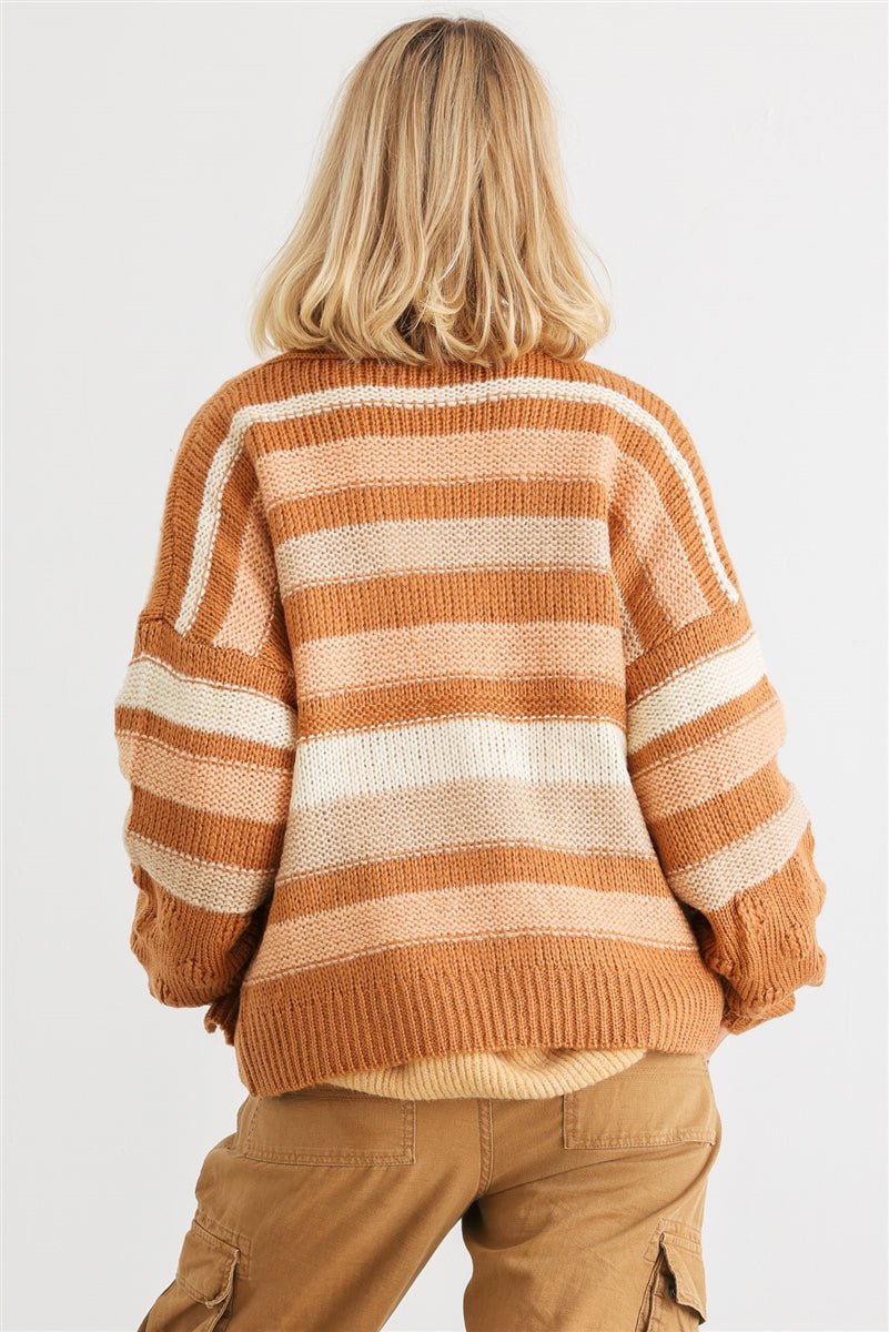 Camel Striped Crochet Knit Two Pocket Open Front Cardigan - Cherry Angel