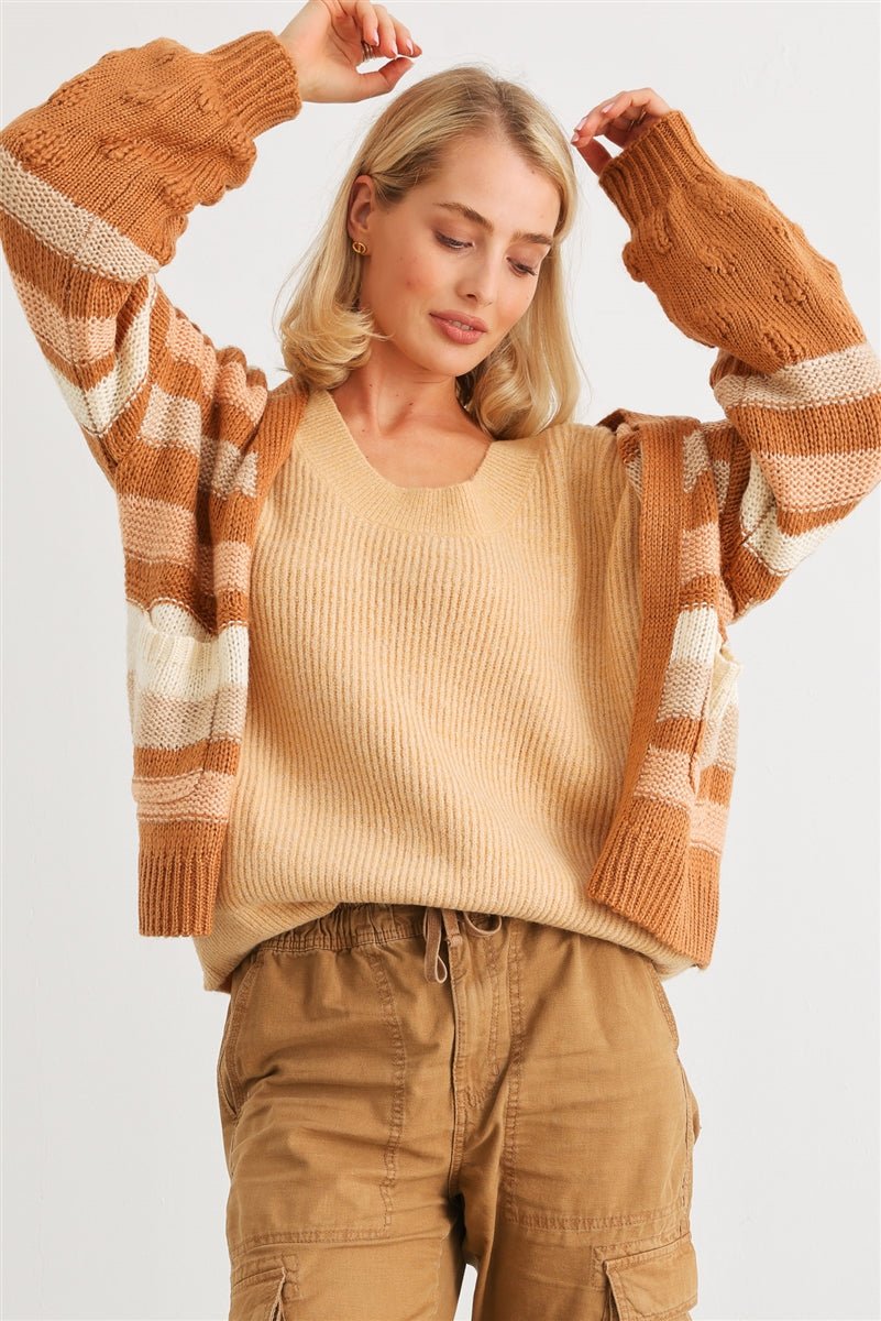 Camel Striped Crochet Knit Two Pocket Open Front Cardigan - Cherry Angel