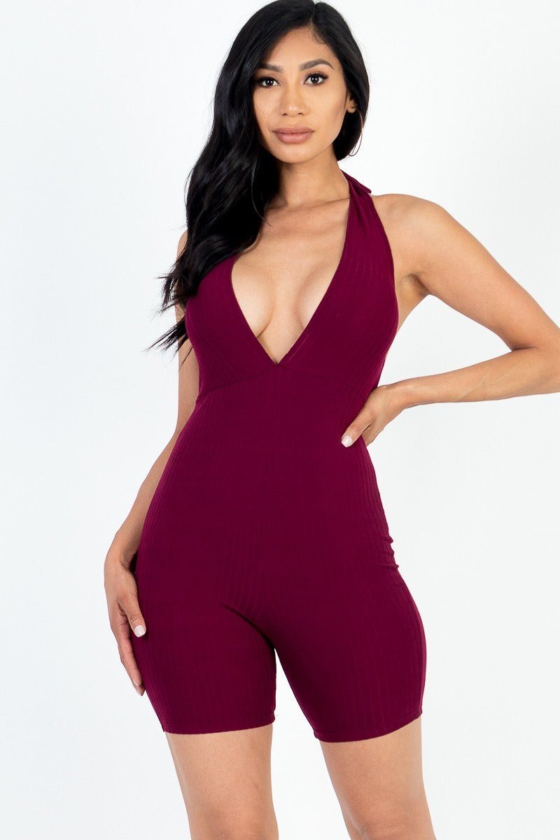 Casual Solid Halter V Neck Ribbed Bodycon Romper - Cherry Angel