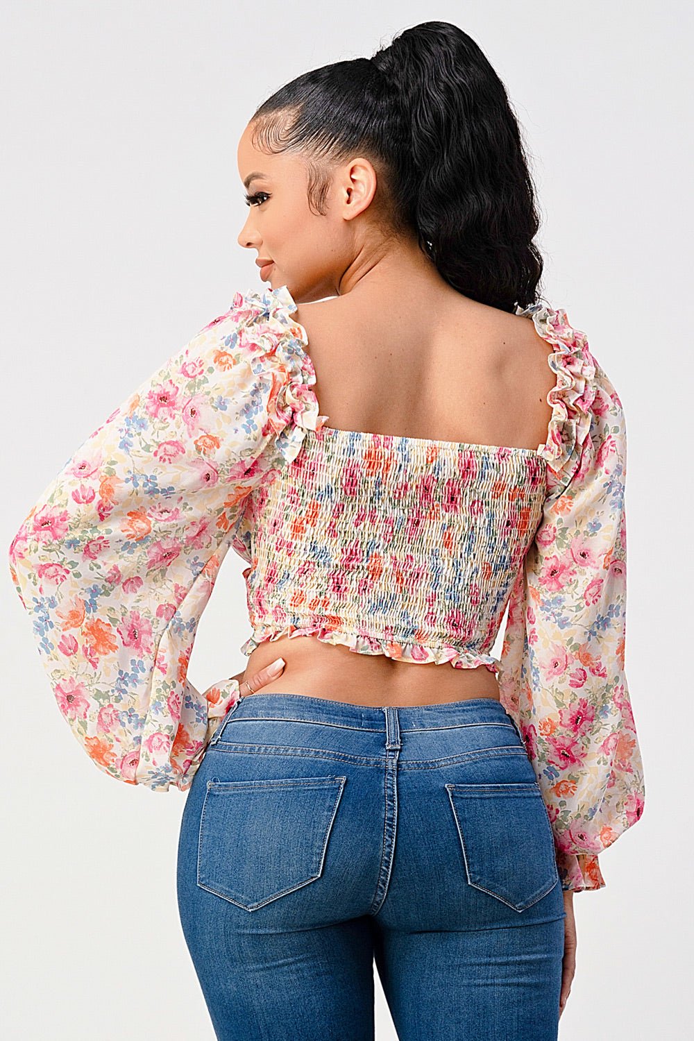 Chic Floral Sweetheart Smocked Body Blouse Top - Cherry Angel