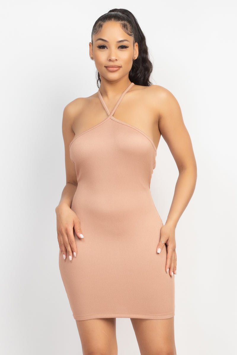 Halter Neck Ribbed Seamless Cut-out Dress - Cherry Angel