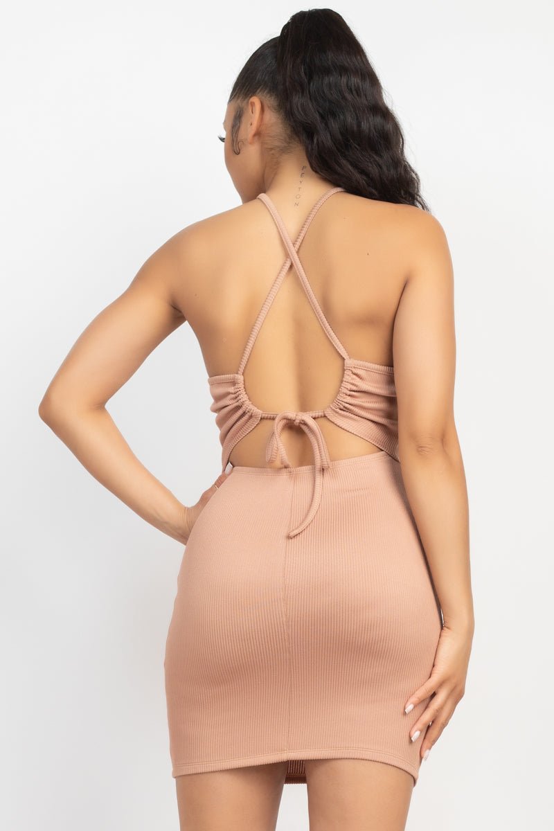 Halter Neck Ribbed Seamless Cut-out Dress - Cherry Angel