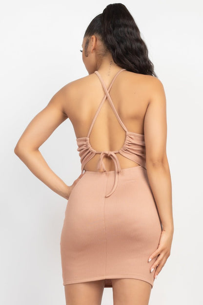 Halter Neck Ribbed Seamless Cut-out Dress - Cherry Angel